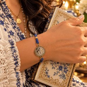 💙✨ Midnight Fleur – Vintage Floral Cabochon & Royal Blue Cord Bracelet