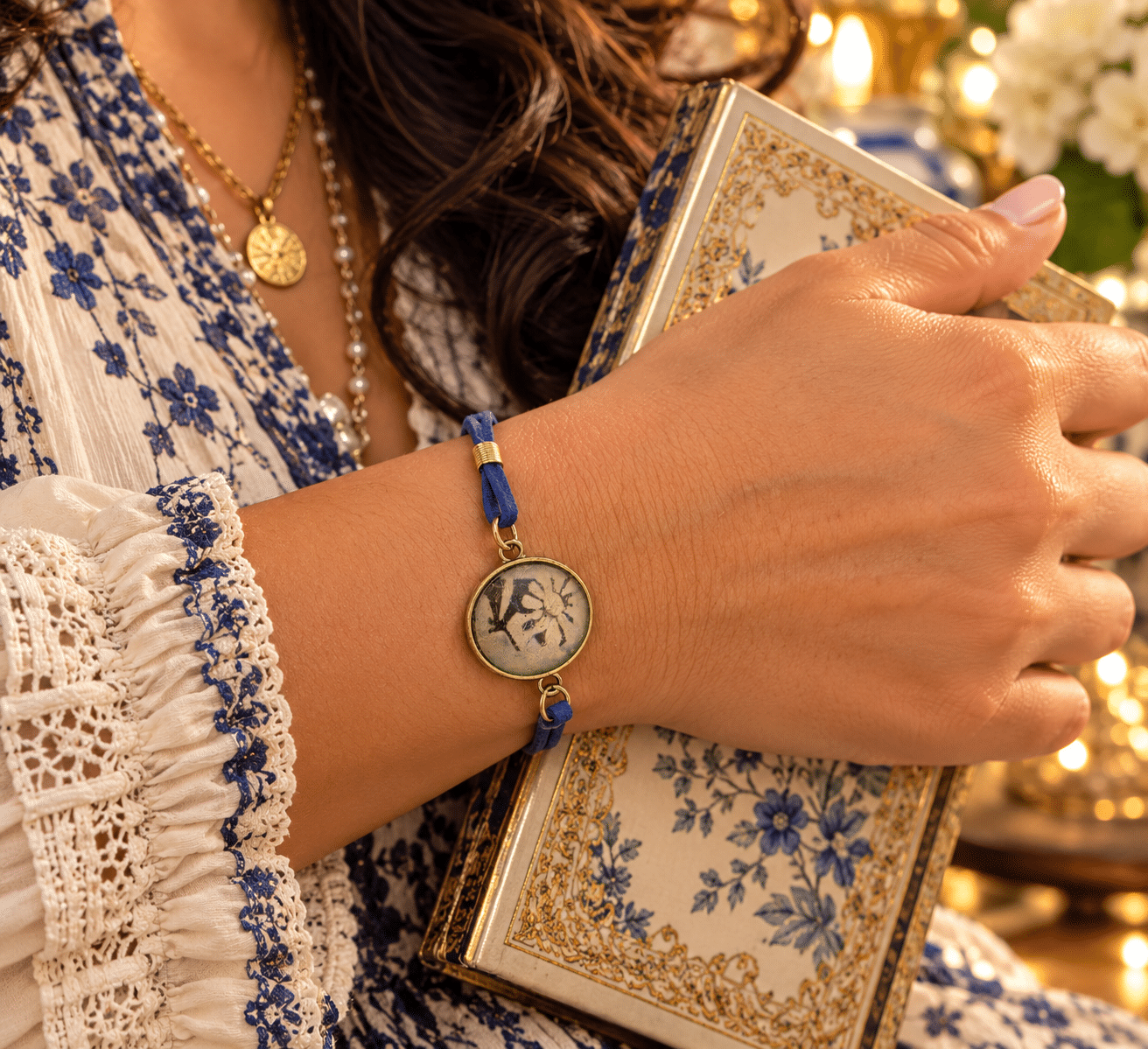💙✨ Midnight Fleur – Vintage Floral Cabochon & Royal Blue Cord Bracelet
