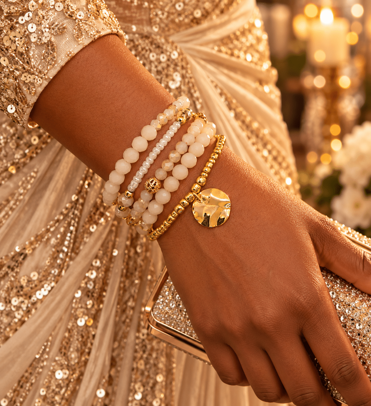 ✨🥂 Champagne Kisses – Ivory, Pearl & Golden Glamour Stretch Bracelet Stack