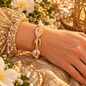 🐚✨ Golden Tides – Handcrafted Ivory Cowrie Shell & Gold-Tone Coastal Bracelet