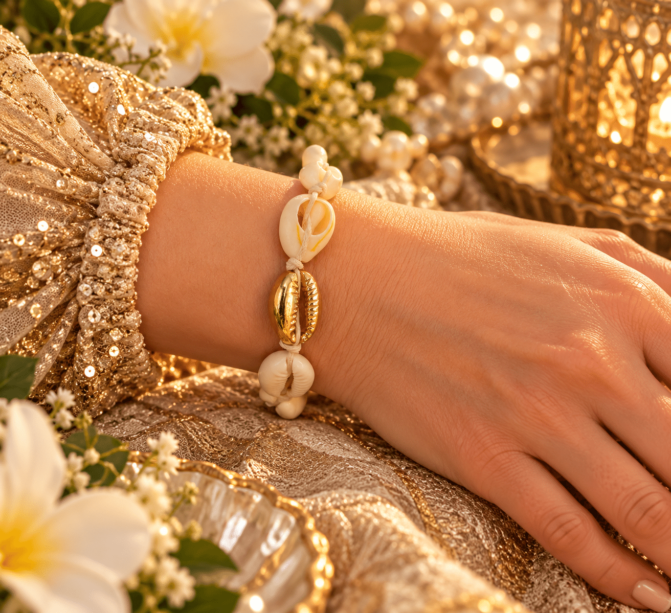 🐚✨ Golden Tides – Handcrafted Ivory Cowrie Shell & Gold-Tone Coastal Bracelet