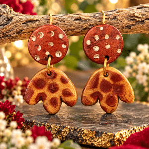 🤎✨ Cinnamon Blossom Charm – Handcrafted Cinnamon & Caramel Clay Earrings with Metallic Polka Dot Accents