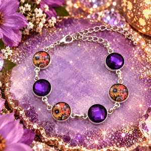 🌻💜 Violet Sunflower Serenade – Purple Rhinestone & Vintage Floral Link Bracelet