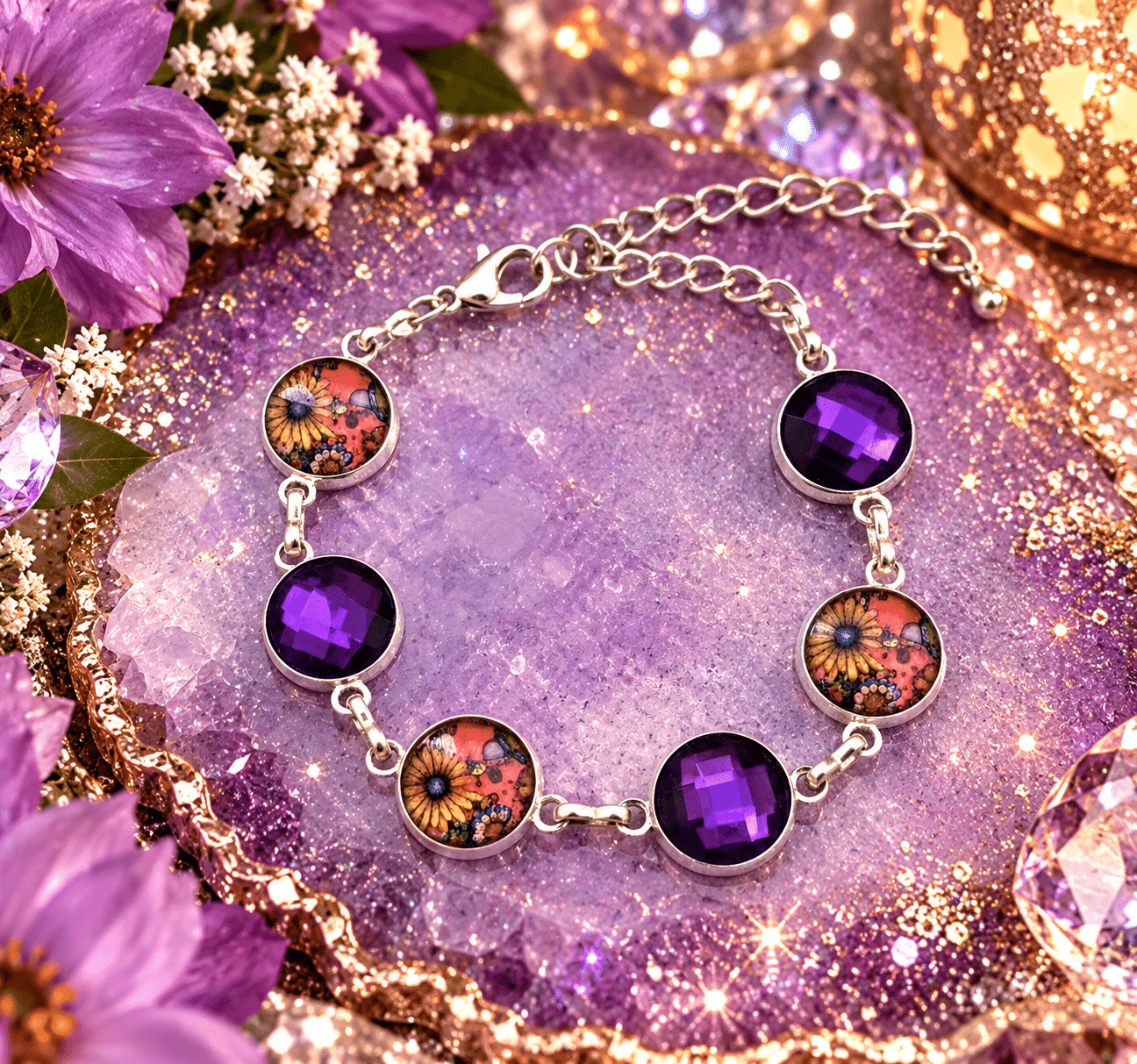 🌻💜 Violet Sunflower Serenade – Purple Rhinestone & Vintage Floral Link Bracelet