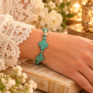🩵✝️ Cross My Heart – Handcrafted Turquoise Cross & Silver Sparkle Bracelet