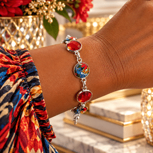 🔥🌺 Sassy & Scarlet – Ruby-Red Sparkle & Colorful Floral Silver-Tone Bezel Link Bracelet