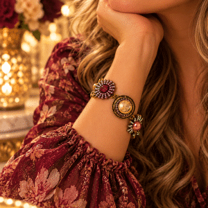 🌹✨ Gilded Garden of Grace – Vintage-Inspired Crystal, Pearl & Jeweled Floral Bracelet