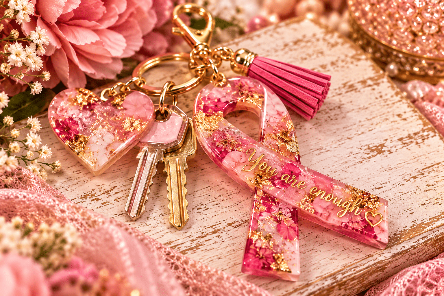 🎀 Courage in Bloom – Pink Ribbon Resin Keychain